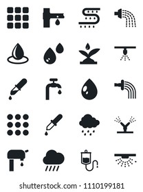 Set of vector isolated black icon - watering vector, water drop, rain, drip irrigation, dropper, menu, supply, sprinkler