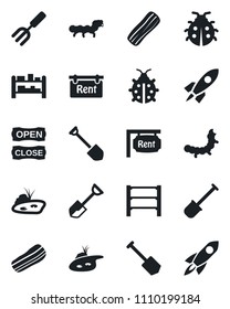 Set of vector isolated black icon - job vector, garden fork, shovel, lady bug, caterpillar, rack, pond, rent, bacon, open close, rocket