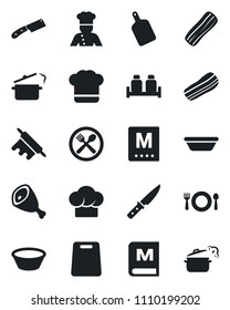 Set of vector isolated black icon - cook vector, cafe, hat, menu, bacon, salt and pepper, ham, bowl, rolling pin, cutting board, knife, steaming pan