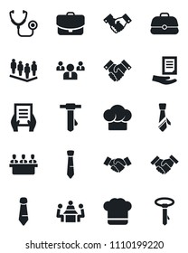 Set of vector isolated black icon - handshake vector, team, tie, document, stethoscope, meeting, cook hat, case