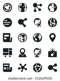 Set of vector isolated black icon - bomb in case vector, globe, plane, earth, pin, consolidated cargo, network, share, news, social media