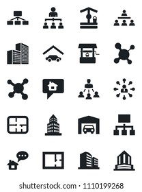 Set of vector isolated black icon - hierarchy vector, well, molecule, office building, garage, plan, home message