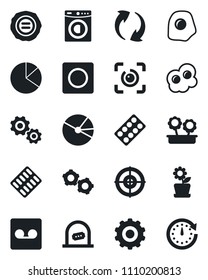 Set of vector isolated black icon - ticket office vector, gear, stamp, pills blister, update, record, eye id, pie graph, target, washer, flower in pot, omelette, clock