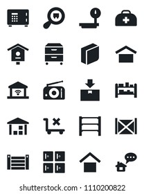 Set of vector isolated black icon - safe vector, checkroom, bird house, doctor case, container, warehouse storage, no trolley, package, heavy scales, search cargo, rack, radio, blank box, archive