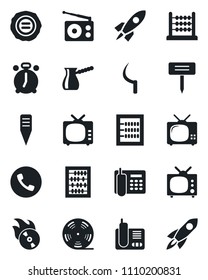 Set of vector isolated black icon - alarm clock vector, phone, abacus, stamp, sickle, plant label, reel, flame disk, radio, tv, office, turkish coffee, rocket