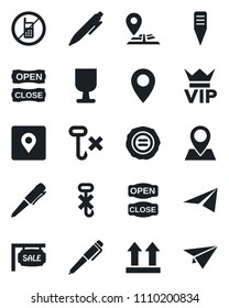 Set of vector isolated black icon - no mobile vector, vip, pen, stamp, plant label, navigation, pin, fragile, up side sign, hook, place tag, sale, open close, paper plane