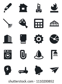 Set of vector isolated black icon - washer vector, gear, office building, brainstorm, rake, house, water drop, greenhouse, dropper, phone, flammable, calculator, bell, paper clip, pie graph, ham
