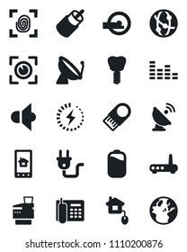Set of vector isolated black icon - satellite antenna vector, tomography, implant, speaker, equalizer, network, rca, battery, charge, office phone, copier, home control, power plug, fingerprint, app