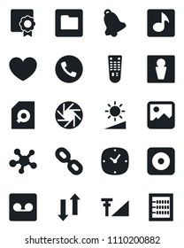 Set of vector isolated black icon - phone vector, male, heart, remote control, share, chain, rec button, mobile camera, gallery, clock, bell, record, folder, data exchange, brightness, music, abacus