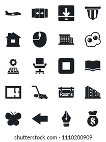 Set of vector isolated black icon - automatic door vector, left arrow, plane, book, pennant, mouse, lawn mower, butterfly, house, stop button, download, ink pen, office chair, sun panel, plan, rooms