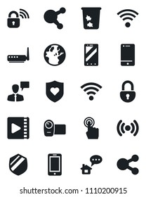 Set of vector isolated black icon - trash bin vector, mobile phone, speaking man, heart shield, video camera, cell, touch screen, share, wireless, lock, router, home message, earth, social media