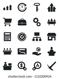 Set of vector isolated black icon - reception vector, meeting, manager place, target, consumer search, arrow up graph, gear, clock, money, investment, cart, case, calculator, schedule, hierarchy