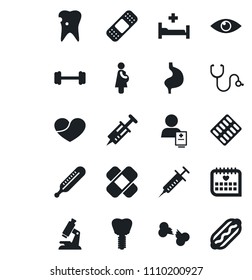 Set of vector isolated black icon - stethoscope vector, syringe, thermometer, microscope, pills blister, patch, barbell, hospital bed, stomach, caries, implant, eye, broken bone, medical calendar