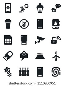 Set of vector isolated black icon - no mobile vector, tracking, phone back, sim, wireless lock, water heater, home control app, gear, filter, radiator, warm floor, outdoor lamp, sun panel, windmill