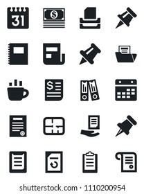 Set of vector isolated black icon - office binder vector, coffee, document, reload, receipt, clipboard, paper pin, calendar, copybook, drawing, news, folder, tray, contract, plan, cash