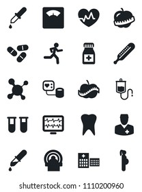 Set of vector isolated black icon - heart pulse vector, monitor, molecule, blood pressure, test vial, dropper, thermometer, scales, pills, bottle, tomography, run, tooth, diet, hospital, doctor