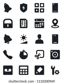 Set of vector isolated black icon - phone back vector, call, mobile camera, protect, user, calculator, stopwatch, bell, record, sim, calendar, notes, brightness, cut, place tag, lock, application