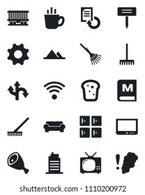 Set of vector isolated black icon - checkroom vector, document reload, rake, plant label, route, railroad, tv, settings, mountains, cushioned furniture, wireless, city house, menu, coffee, bread
