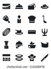 Set of vector isolated black icon - waiter vector, cook, serviette, hat, reserved, reception, salad, plates, candle, dress code, alcove, credit card, chicken, ham, hot dog, ladle, knife