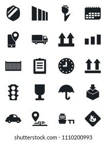 Set of vector isolated black icon - navigation vector, traffic light, mobile tracking, cargo container, car delivery, clock, term, sea port, clipboard, fragile, umbrella, up side sign, tulip, shield