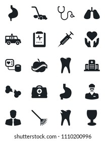 Set of vector isolated black icon - rake vector, lawn mower, doctor case, stethoscope, syringe, blood pressure, ambulance car, heart hand, stomach, lungs, tooth, caries, broken bone, pulse clipboard