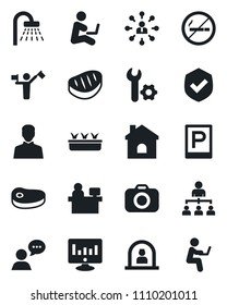 Set of vector isolated black icon - dispatcher vector, parking, no smoking, reception, shower, hierarchy, manager place, statistic monitor, house, seedling, shield, camera, speaker, user, root setup