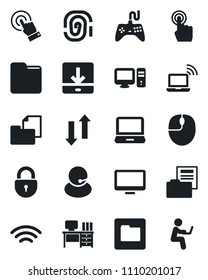 Set of vector isolated black icon - wireless notebook vector, lock, mouse, desk, support, folder document, gamepad, touch screen, monitor, laptop pc, data exchange, download, fingerprint, man with