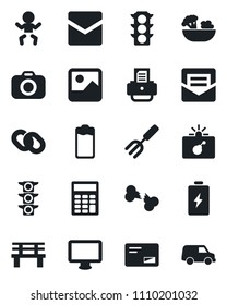 Set of vector isolated black icon - bomb in case vector, baby, printer, garden fork, bench, broken bone, traffic light, camera, monitor, chain, battery, mail, gallery, calculator, salad, car
