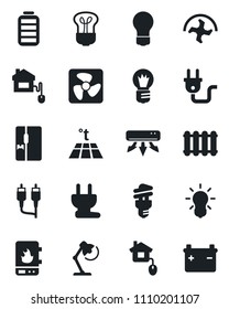 Set of vector isolated black icon - bulb vector, ripper, battery, rca, desk lamp, air conditioner, fridge, home control, power plug, fan, water heater, radiator, warm floor, energy saving