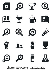 Set of vector isolated black icon - blood test vial vector, heart diagnostic, ampoule, fragile, search cargo, torch, document, estate, alcohol, wine card, cocktail, beer, energy saving bulb, money