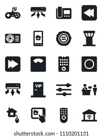 Set of vector isolated black icon - airport tower vector, passport control, stamp, scales, gamepad, fast forward, rewind, tuning, record, air conditioner, vip zone, home, remote, intercome, app