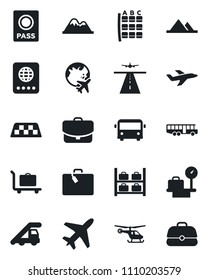 Set of vector isolated black icon - plane vector, runway, taxi, suitcase, baggage trolley, airport bus, passport, ladder car, helicopter, seat map, luggage storage, scales, globe, mountains, case