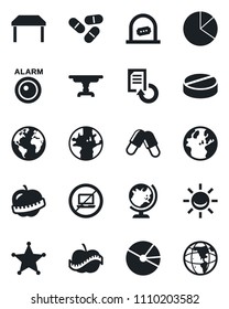 Set of vector isolated black icon - no laptop vector, ticket office, globe, document reload, pills, diet, earth, pie graph, table, police, alarm led