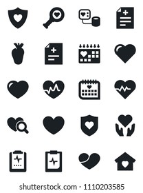 Set of vector isolated black icon - heart vector, pulse, diagnosis, blood pressure, diagnostic, shield, hand, real, medical calendar, clipboard, sweet home