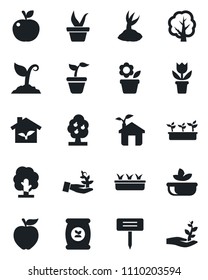 Set of vector isolated black icon - flower in pot vector, seedling, tree, sproute, plant label, fertilizer, fruit, salad, apple, eco house, palm