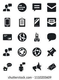 Set of vector isolated black icon - mobile phone vector, speaking man, office, loudspeaker, network, speaker, paper pin, mail, message, clipboard, home