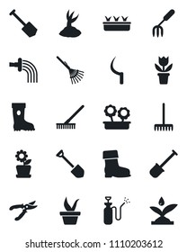 Set of vector isolated black icon - job vector, flower in pot, garden fork, shovel, rake, seedling, watering, sproute, pruner, boot, sickle, sprayer, irrigation
