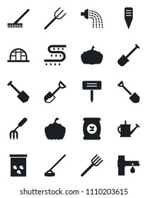 Set of vector isolated black icon - job vector, garden fork, shovel, farm, rake, watering can, hoe, plant label, pumpkin, greenhouse, seeds, fertilizer, drip irrigation