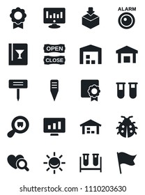 Set of vector isolated black icon - statistic monitor vector, lady bug, plant label, blood test vial, heart diagnostic, warehouse, package, search cargo, sertificate, wine card, open close, flag