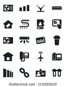 Set of vector isolated black icon - plane radar vector, identity card, drip irrigation, sorting, barcode, chain, air conditioner, smart home, water heater, intercome, control app, filter