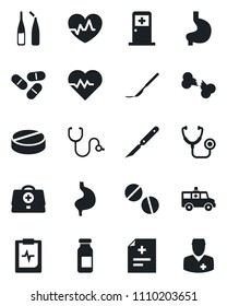 Set of vector isolated black icon - medical room vector, heart pulse, doctor case, diagnosis, stethoscope, pills, ampoule, scalpel, ambulance car, stomach, broken bone, clipboard