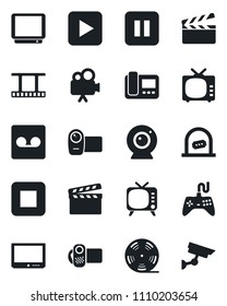 Set of vector isolated black icon - ticket office vector, clapboard, film frame, reel, tv, gamepad, video camera, play button, pause, stop, record, web, intercome, surveillance