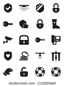 Set of vector isolated black icon - security gate vector, lock, glove, boot, hose, heart shield, key, intercome, home protect, surveillance, sprinkler, crisis management