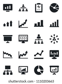 Set of vector isolated black icon - hierarchy vector, presentation board, statistic monitor, circle chart, pulse, clipboard, statistics, bar graph, pie, point, arrow up, growth, crisis