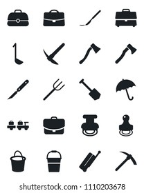 Set of vector isolated black icon - suitcase vector, umbrella, baggage larry, job, farm fork, bucket, axe, scalpel, case, stamp, ladle, hard work