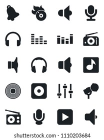 Set of vector isolated black icon - vinyl vector, flame disk, microphone, radio, speaker, equalizer, headphones, play button, rec, tuning, bell, music, sound