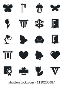 Set of vector isolated black icon - pennant vector, butterfly, garden light, heart, tulip, bell, sertificate, desk lamp, cushioned furniture, restaurant table, snowflake, outdoor, door, pennon