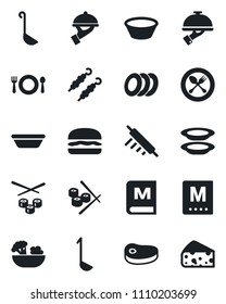 Set of vector isolated black icon - spoon and fork vector, cafe, menu, salad, plates, waiter, steak, kebab, hamburger, ladle, bowl, rolling pin, sushi, cheese