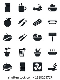 Set of vector isolated black icon - hot cup vector, seedling, plant label, diet, fridge, phyto bar, salad, bacon, bread, kebab, dog, apple fruit, fan, palm sproute