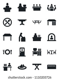 Set of vector isolated black icon - cafe vector, baby room, reception, medical, desk, manager place, picnic table, meeting, serviette, reserved